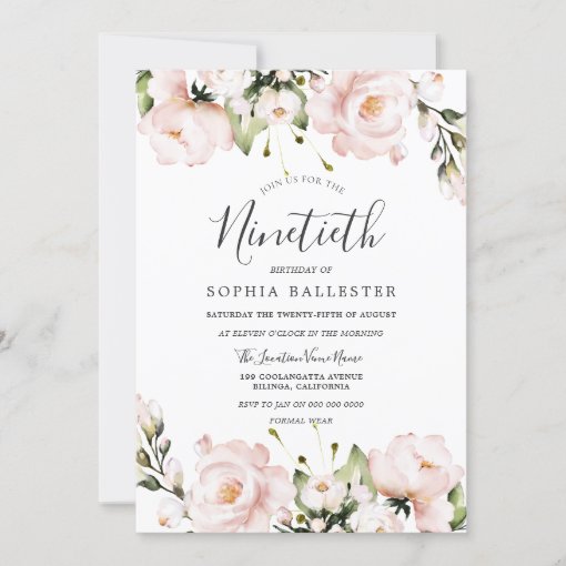 Blush Watercolor Flowers 90th Birthday Party Invitation 