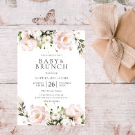 Blush Watercolor Flowers Baby Shower Brunch Invitation