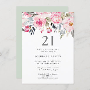 Blush Watercolor Flowers Elegant 21st Birthday Invitation