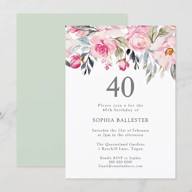 Blush Watercolor Flowers Elegant 40th Birthday Invitation | Zazzle