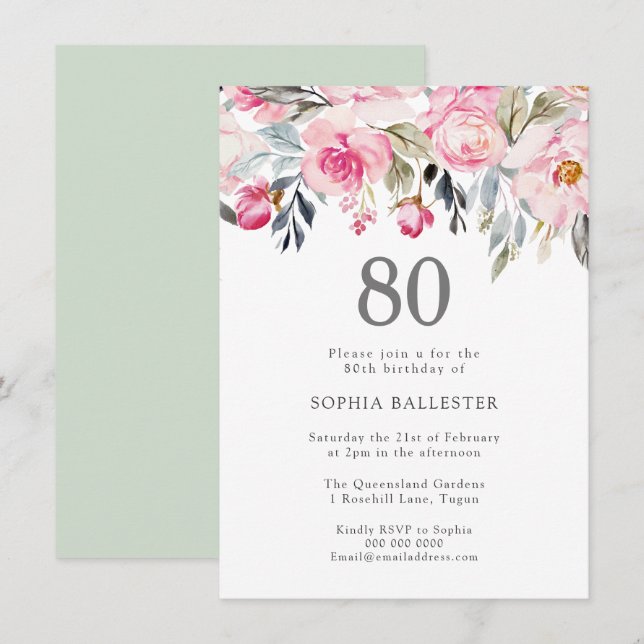 Blush Watercolor Flowers Elegant 80th Birthday Invitation (Front/Back)