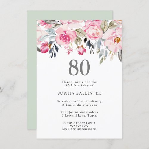 Blush Watercolor Flowers Elegant 80th Birthday Invitation