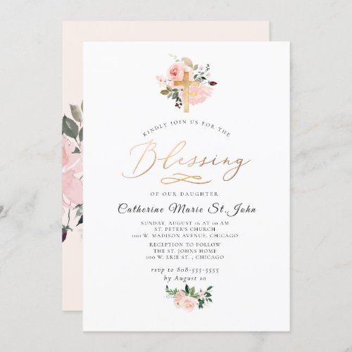 Blush Watercolor Flowers Faux Gold Blessing Invitation