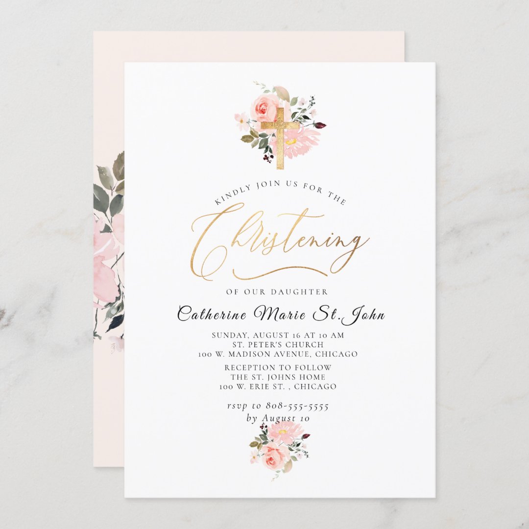 Blush Watercolor Flowers Faux Gold Christening Invitation | Zazzle