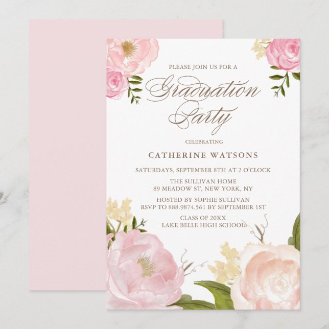 Blush Watercolor Flowers Graduation Invitation (Front/Back)