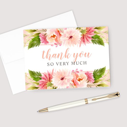 Blush Watercolor Flowers Wedding Bridal Shower Thank You Card