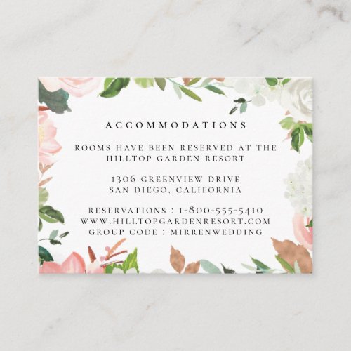 Blush Watercolor Garden Wedding Accommodations Enclosure Card