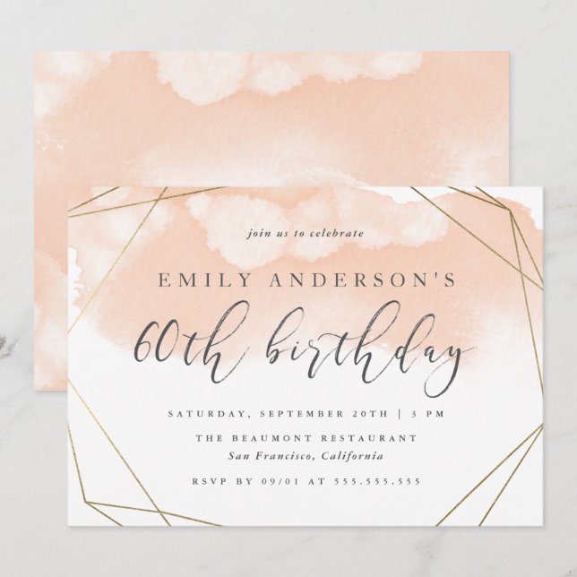 Blush Watercolor Geometric 60th Birthday Invitation (Front/Back)