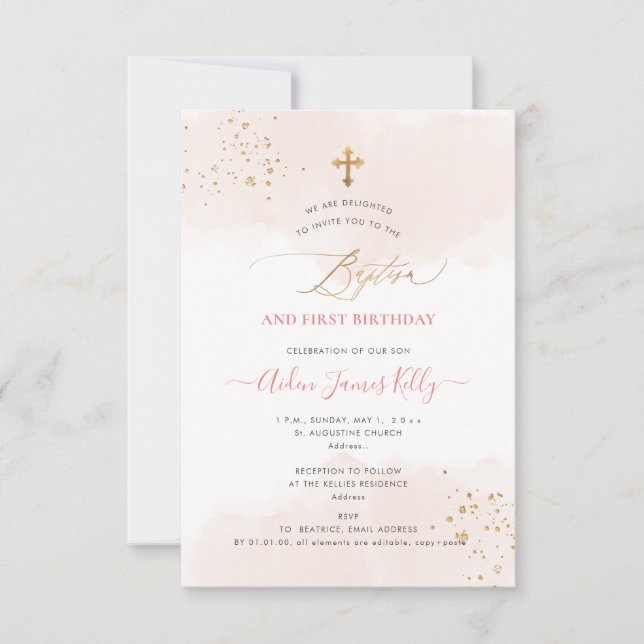 Blush Watercolor Gold Baptism+1st Birthday Invitation (Front)