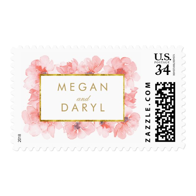 Blush Watercolor Gold Floral Wedding Postage