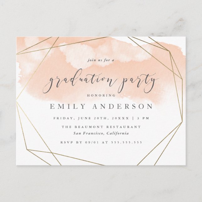 Blush Watercolor Gold Geometric Graduation Party Invitation Postcard (Front)
