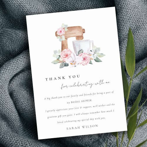 Blush Watercolor Mixer Floral Recipe Bridal Shower Thank You Card