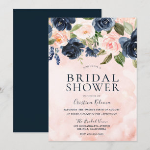Blush Watercolor Navy Floral Bridal Shower Invitation