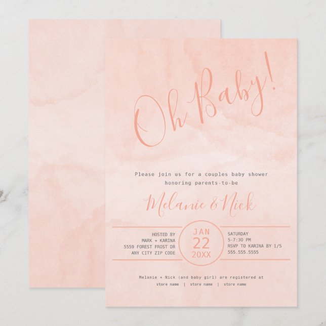 Blush Watercolor Oh Baby girl baby shower Invitation (Front/Back)