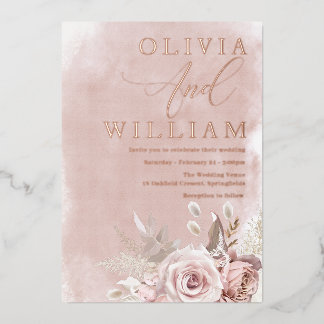 Blush Watercolor Pink Rose Gold Wedding Foil Invitation