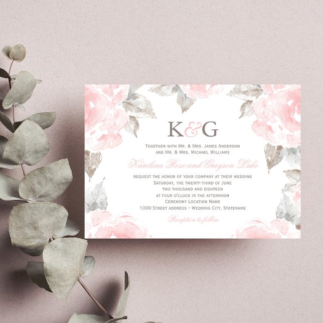 Blush Watercolor Rose Border Monogram Wedding Invitation (Creator Uploaded)
