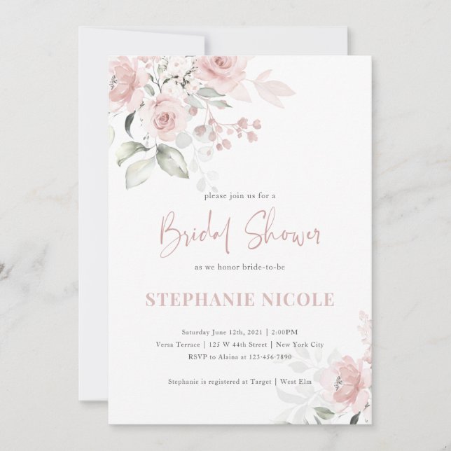 Blush Watercolor Rose Bridal Shower Invitation (Front)
