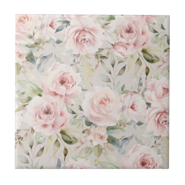 Blush Watercolor Rose Floral Pattern Ceramic Tile (Front)