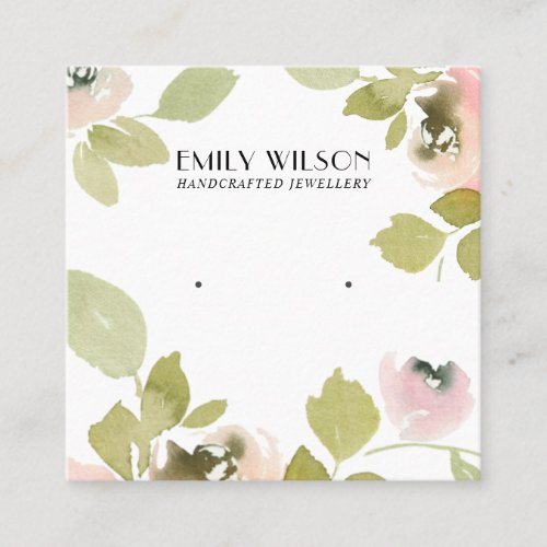BLUSH WATERCOLOR ROSE FLORAL STUD EARRING DISPLAY SQUARE BUSINESS CARD