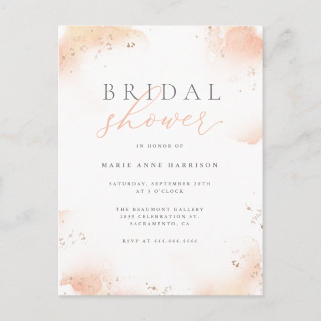 Blush Watercolor Script & Gold Dust Bridal Shower Invitation Postcard (Front)