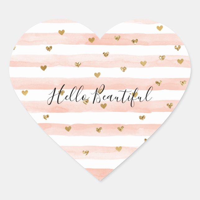 Blush Watercolor Stripes Gold Glitter Hearts   Heart Sticker (Front)