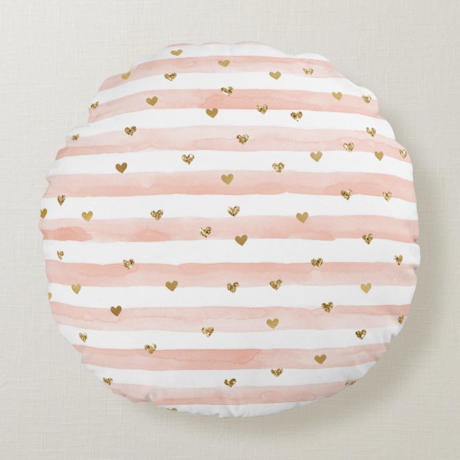 Blush Watercolor Stripes Gold Glitter Hearts   Round Pillow (Front)