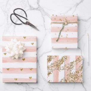 Blush Watercolor Stripes Gold Glitter Hearts Wrapping Paper Sheets