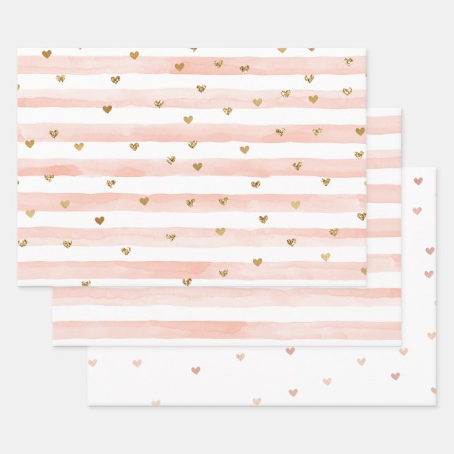 Blush Watercolor Stripes Gold Glitter Hearts   Wrapping Paper Sheets (Set)