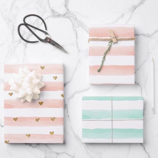 Blush Watercolor Stripes Gold Glitter Hearts  Wrapping Paper Sheets (Front)