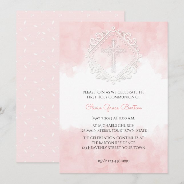 Blush Watercolor White Cross Religious Invitation (Front/Back)