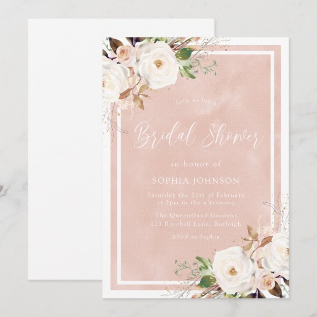Blush Watercolor White Flowers Bridal Shower Invitation (Front/Back)