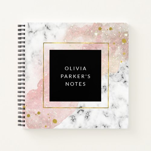 Blush Watercolor  White Marble and Faux Gold Notebook
