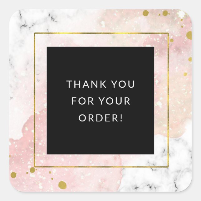 Blush Watercolor | White Marble and Faux Gold Square Sticker (Front)