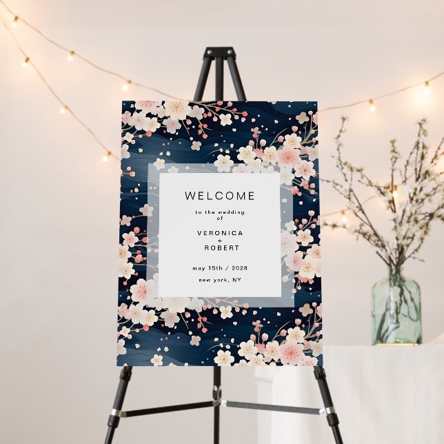 Blush Waves Sakura Blossom Modern Wedding Welcome Foam Board (In Situ (Stand))