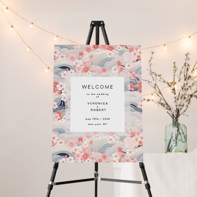 Blush Waves Sakura Blossom Modern Wedding Welcome Foam Board (In Situ (Stand))