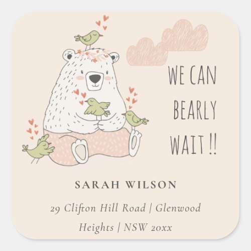 Blush We Can Bearly Wait Bear Baby Shower Address Square Sticker