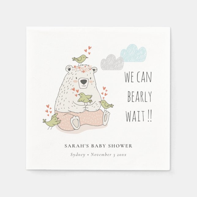 Blush We Can Bearly Wait Bear Birds Baby Shower Napkins (Front)