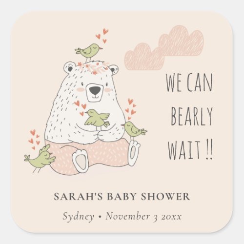 Blush We Can Bearly Wait Bear Birds Baby Shower Square Sticker