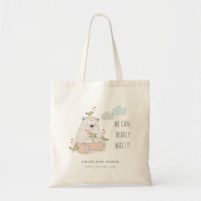 Blush We Can Bearly Wait Bear Birds Baby Shower Tote Bag (Front)