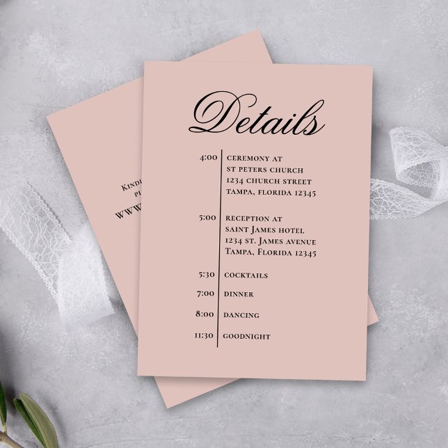 Blush Wedding Timeline Details Simple RSVP Enclosure Card (Blush wedding details card with a scannable QR code. )