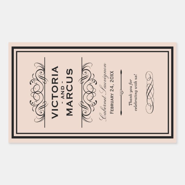 Blush Wedding Wine Bottle Monogram Rectangular Sticker (Front)
