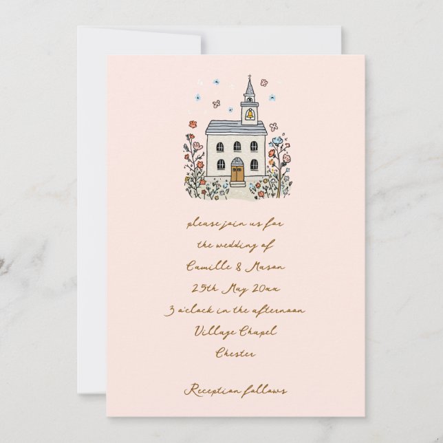 Blush Whimsical Chapel Doodle Wedding Invitation (Front)