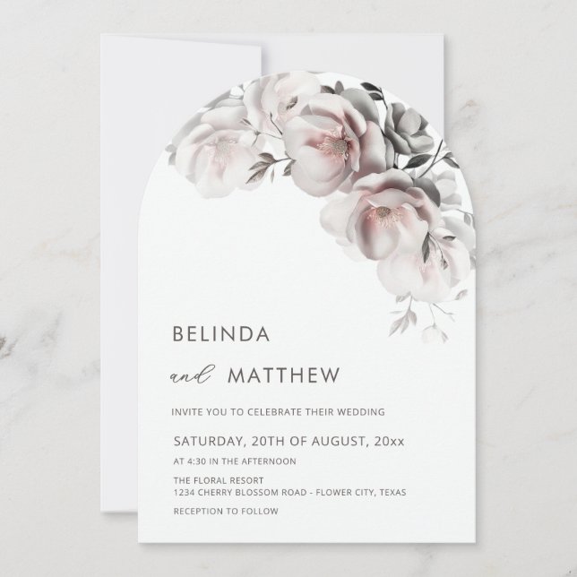 Blush White 3D Roses Simple Wedding Invitation (Front)