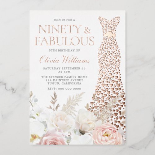 Blush  White 90th Birthday Party Real Rose Gold Foil Invitation