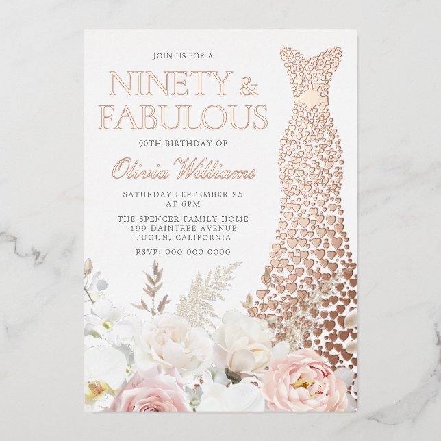 Blush & White 90th Birthday Party Real Rose Gold Foil Invitation (Front)