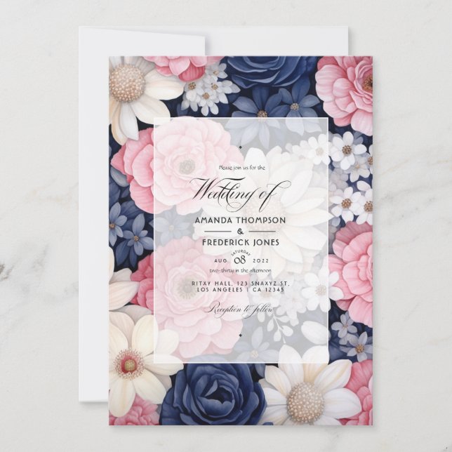 Blush, White and Navy Blue Floral Wedding Invitation (Front)