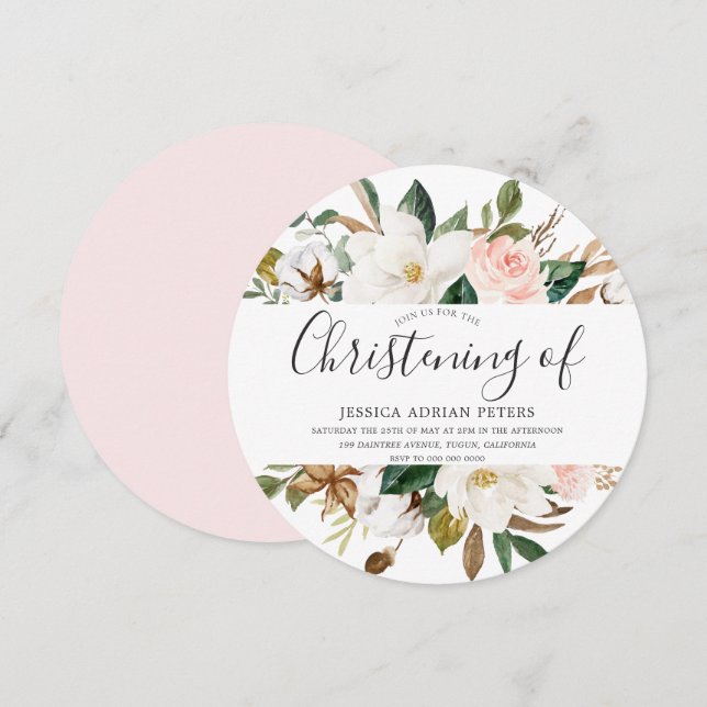 Blush & White Beautiful Floral Christening Baptism Invitation (Front/Back)