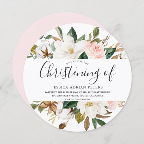 Blush  White Beautiful Floral Christening Baptism Invitation