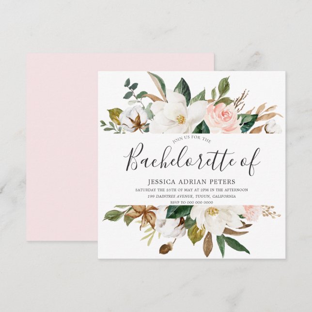 Blush & White Beautiful Flowers Bachelorette Party Invitation (Front/Back)