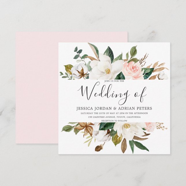 Blush & White Beautiful Flowers Modern Wedding Invitation (Front/Back)